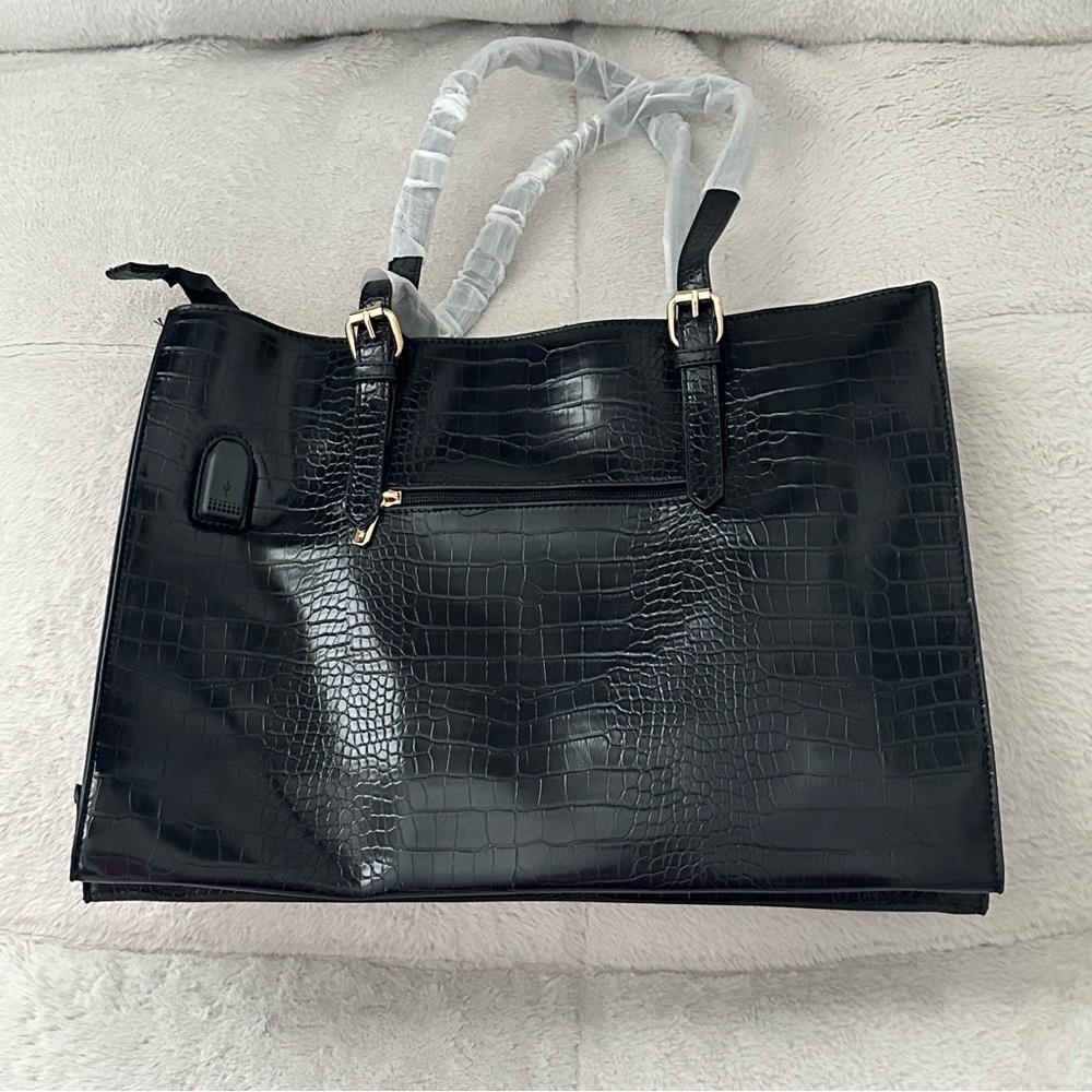 LOVEVOOK Elegant Black Crocodile-Embossed Tote Bag Leather Purse USB Charge NEW